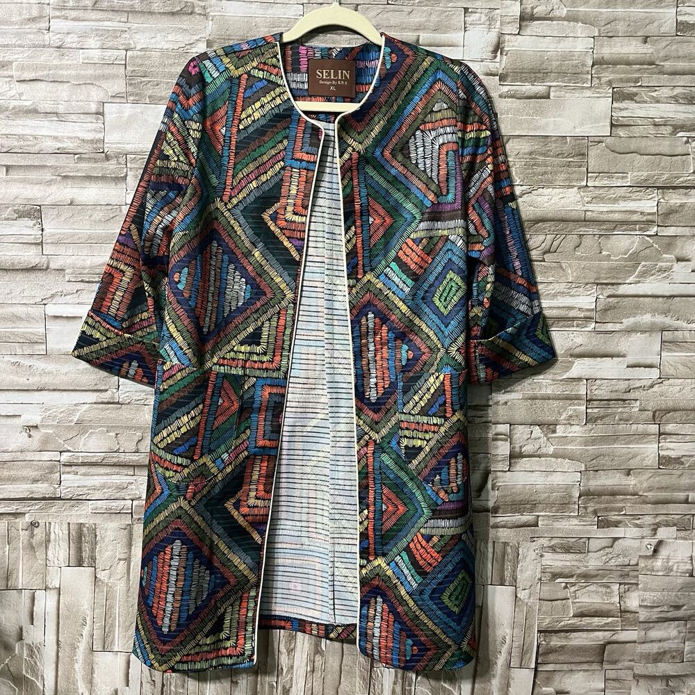 SELIN Design By B.R.S Hippie Long Jacket Cardigan Pockets Multicolor
